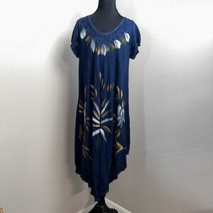 New Fashion Force Dress Women's Free Size Blue Floral Embroidered Neck Boho